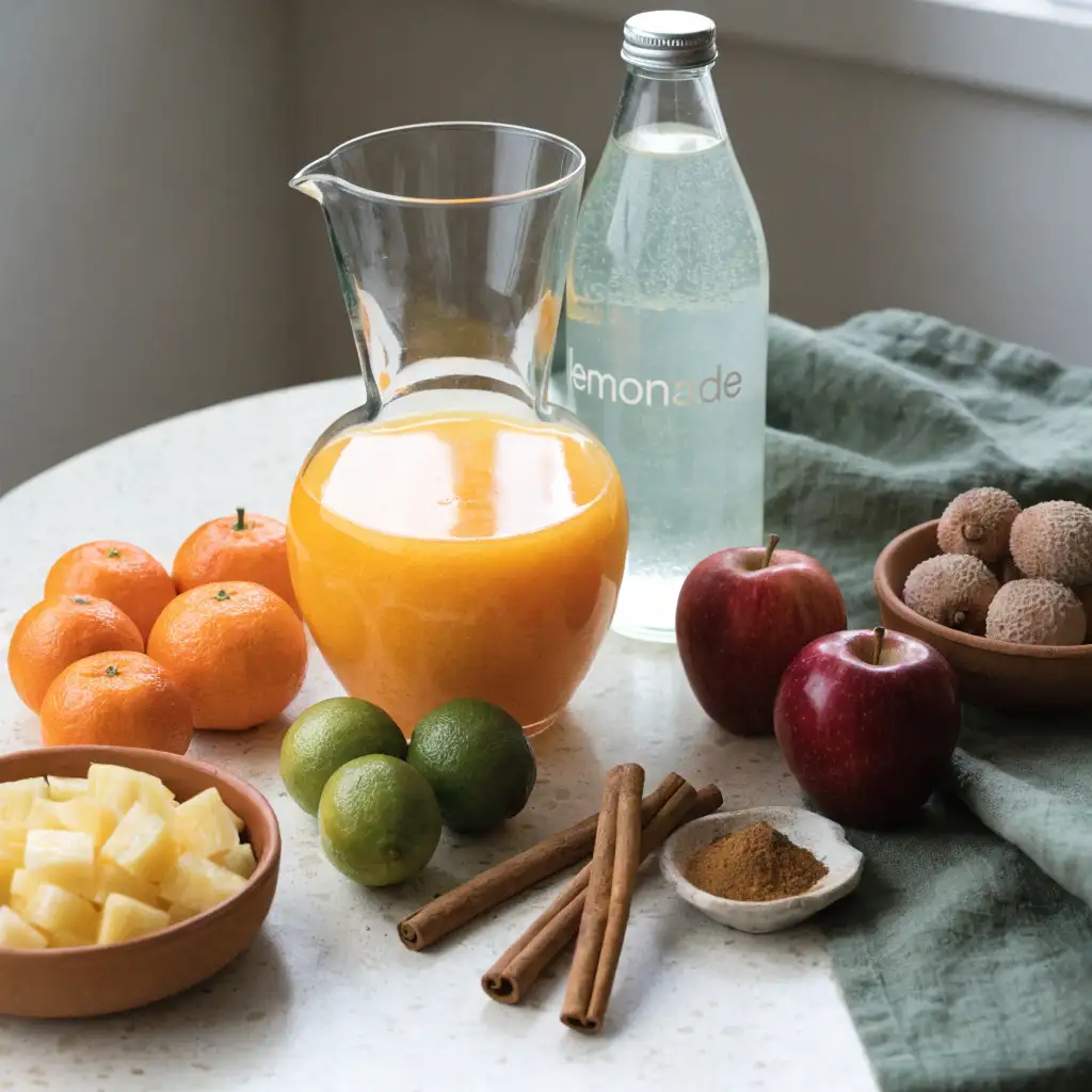 Ingrédients de la recette de punch pour Noël : clémentines, citrons verts, pommes, ananas et cannelle