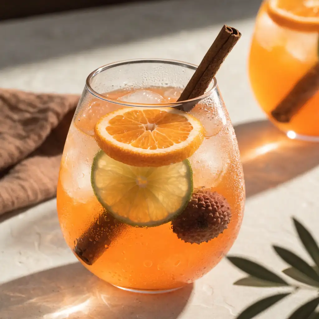 Verre ballon rempli de punch de Noël sans alcool avec fruits frais et bâton de cannelle