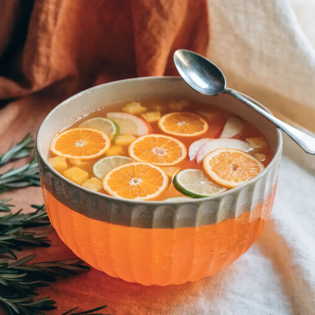 Recette de punch pour Noël sans alcool dans un grand bol garni d'agrumes et de cannelle