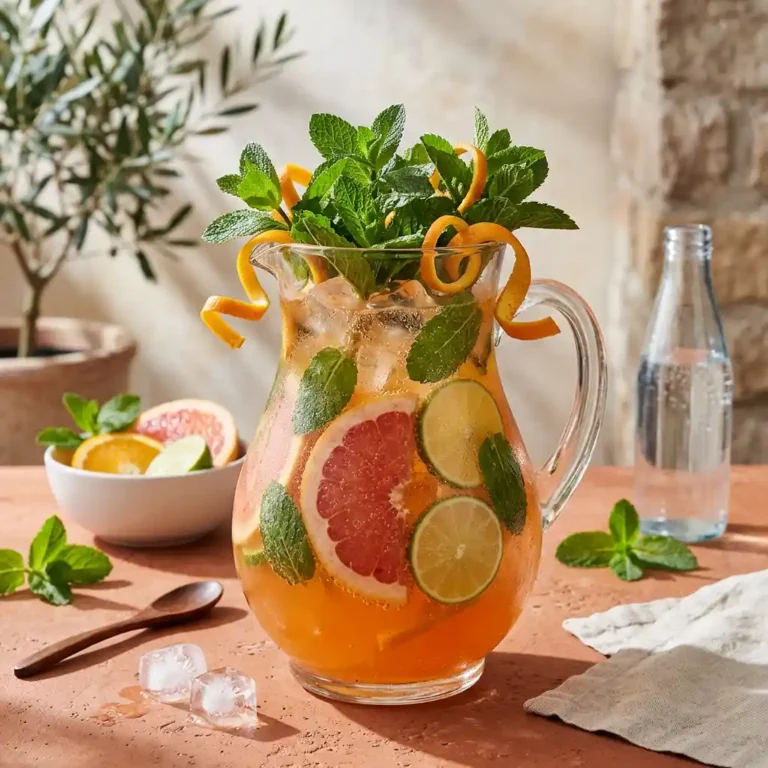 spritz sans alcool servi en pichet avec oranges, pamplemousse rose et menthe fraîche