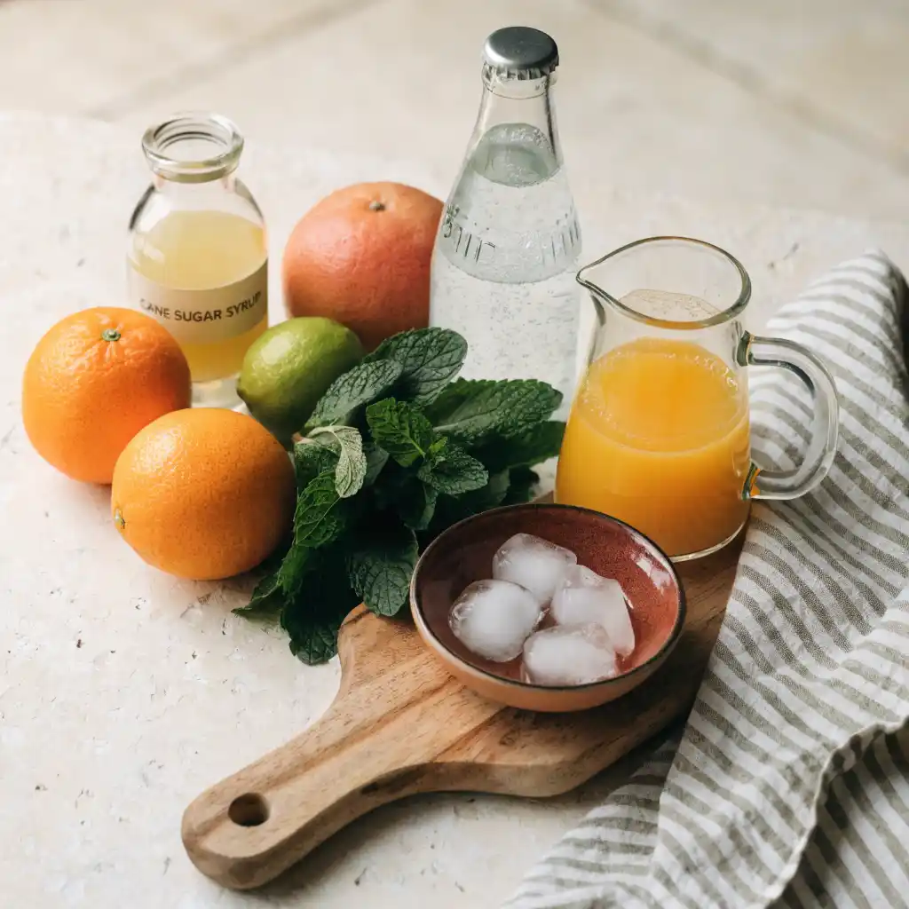Spritz sans alcool : agrumes, menthe, sirop de canne et eau gazeuse disposés à plat