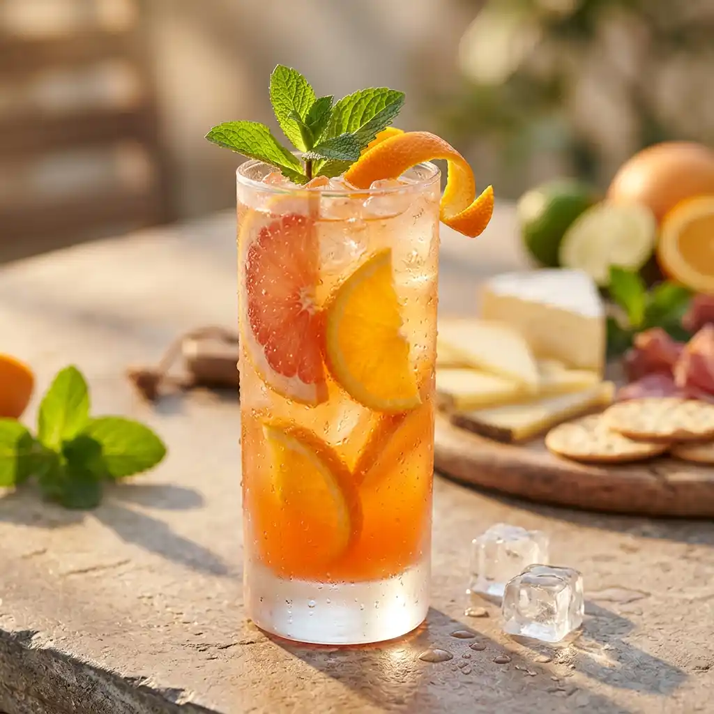 Spritz sans alcool dans un verre haut avec zeste d'orange et feuille de menthe