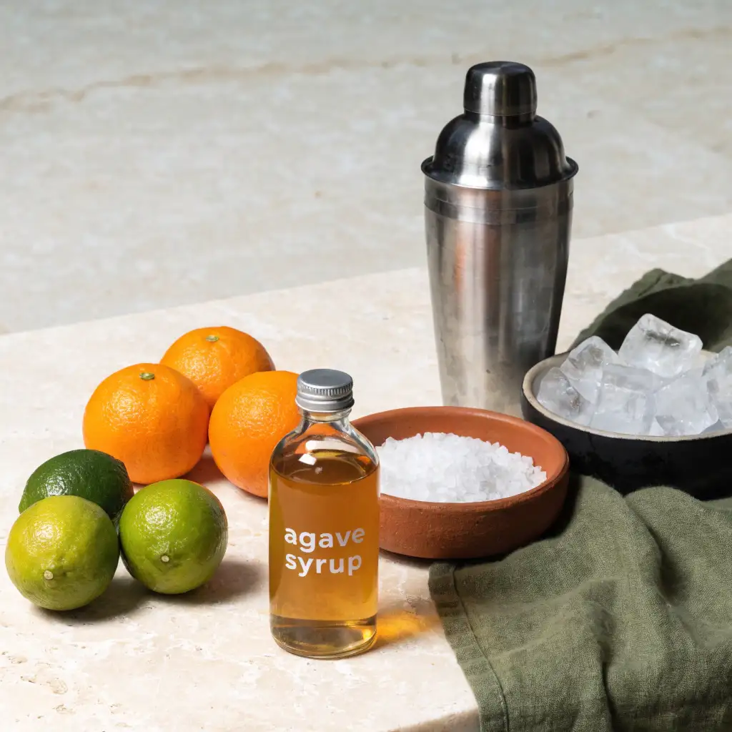 Ingrédients du virgin margarita cocktail : citrons verts, oranges, sirop d'agave et gros sel
