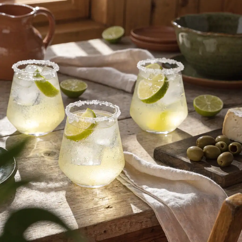 Quatre verres de virgin margarita cocktail servis à l'apéritif près d'une planche à partager