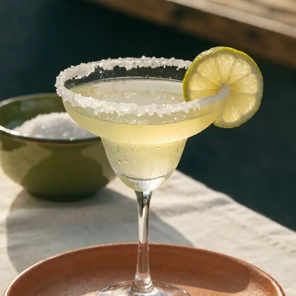 virgin margarita cocktail servi dans un verre givré au gros sel avec rondelle de citron vert