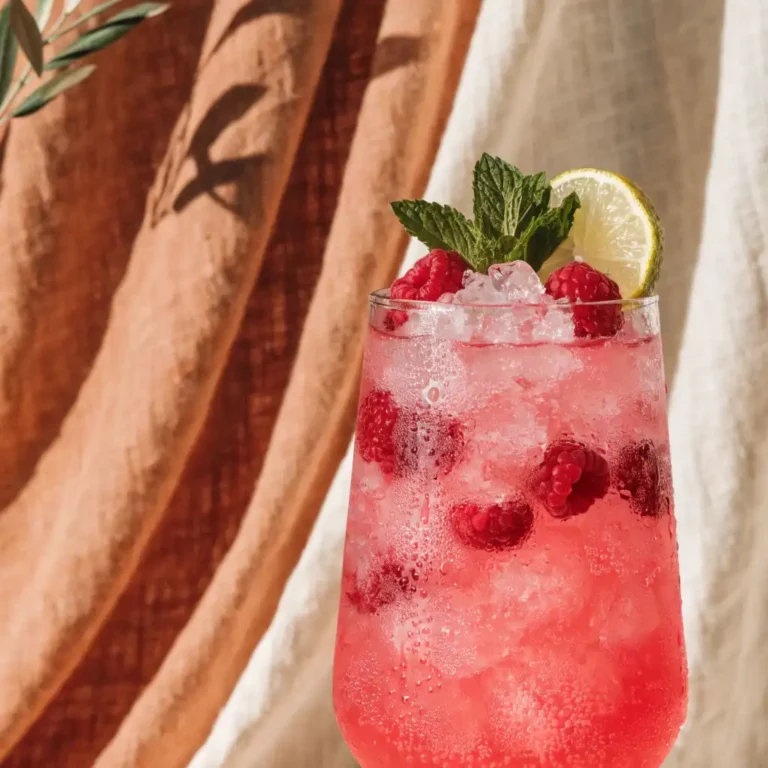 virgin mojito framboise rose et pétillant servi dans un verre haut avec menthe fraîche, framboises entières et rondelle de citron vert