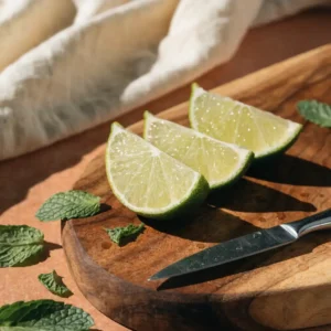 Étape 1 du virgin mojito framboise : demi-citron vert coupé en quartiers sur une planche en bois