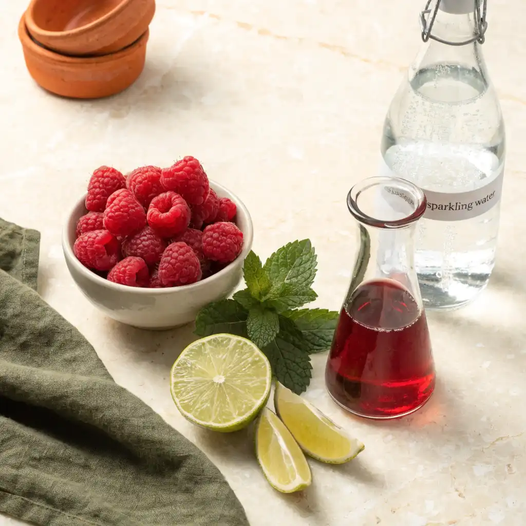 Ingrédients du virgin mojito framboise disposés à plat : framboises, menthe fraîche, citron vert, sirop et eau gazeuse
