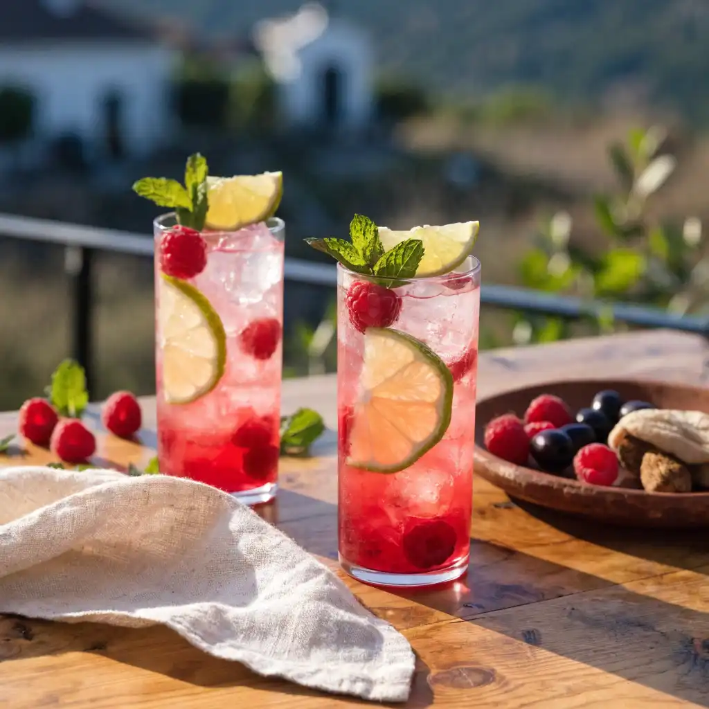 Deux verres de virgin mojito framboise servis à l'apéritif à côté d'une planche de fruits frais