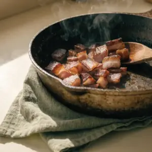 Lardons fumés en train de dorer dans une poêle avant d'être incorporés à la pâte