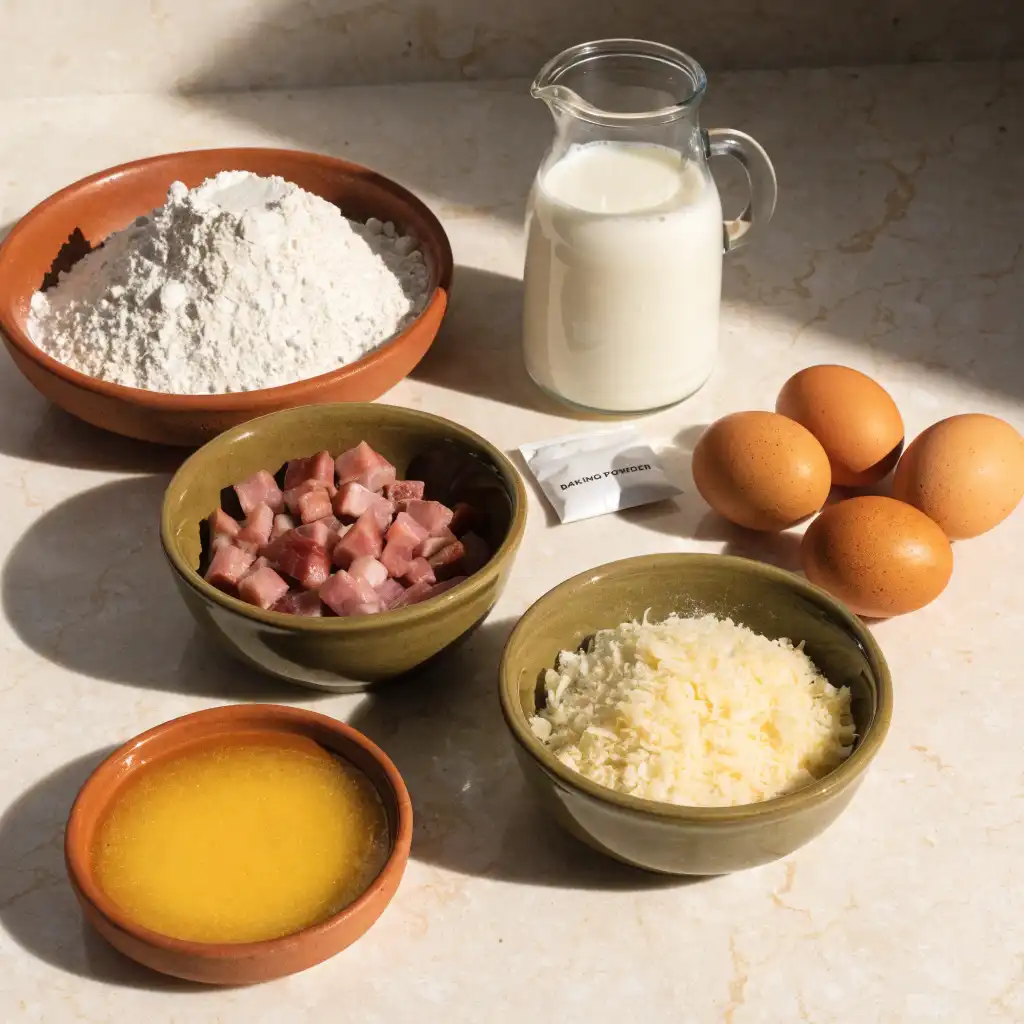 Ingrédients du cake au lard et fromage disposés sur un plan de travail : farine, lardons fumés, œufs, gruyère râpé, lait et beurre
