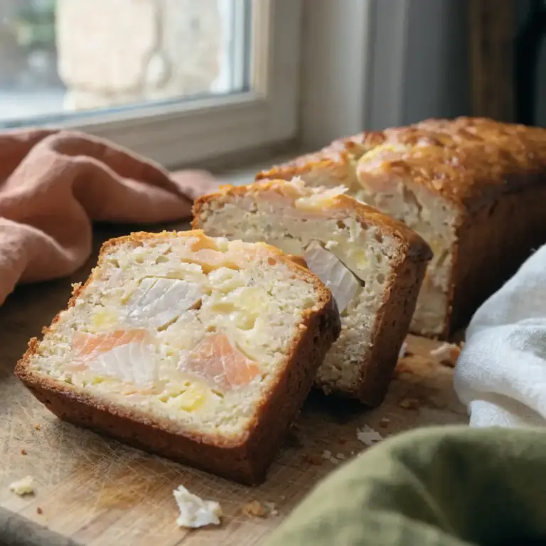 cake au poisson doré tranché sur une planche en bois, mie moelleuse garnie de thon et de crabe