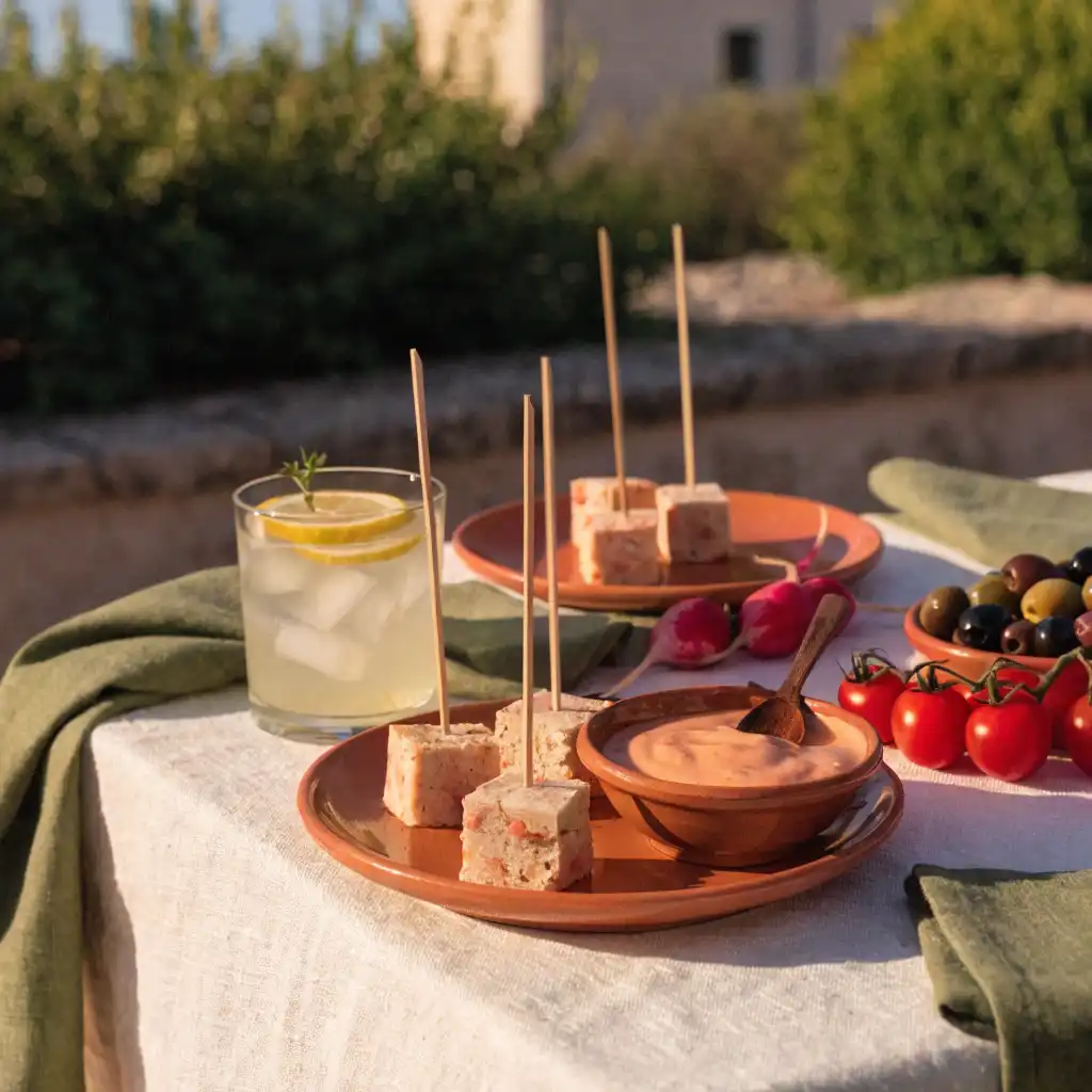 Cubes de cake au poisson piqués de brochettes, servis avec une sauce tomate à la crème et des olives