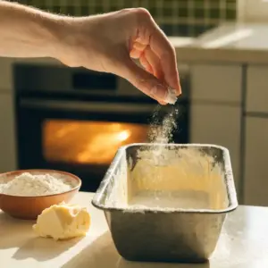 Moule à cake beurré et fariné avant d'y verser la pâte, four préchauffé en arrière-plan
