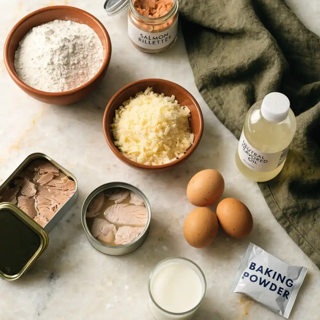 Ingrédients du cake au poisson : thon, miettes de crabe, rillettes de saumon, farine, gruyère, œufs, lait et huile