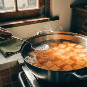 Cubes de chair de courge en train de cuire dans une casserole d'eau bouillante salée