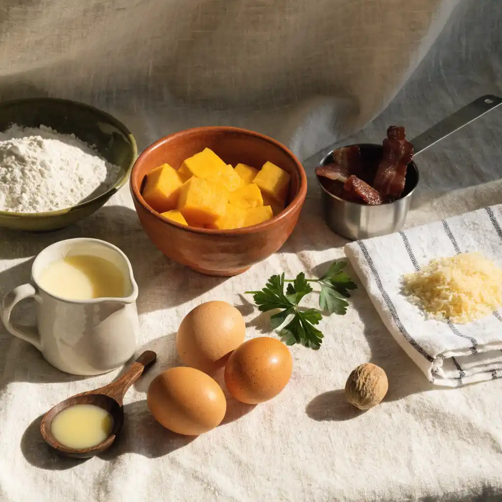 Ingrédients du cake au potiron : chair de courge, farine, œufs, lardons fumés et gruyère râpé