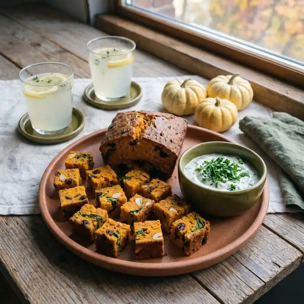 Cubes de cake au potiron à la courge sur un plateau apéritif avec sauce au fromage blanc