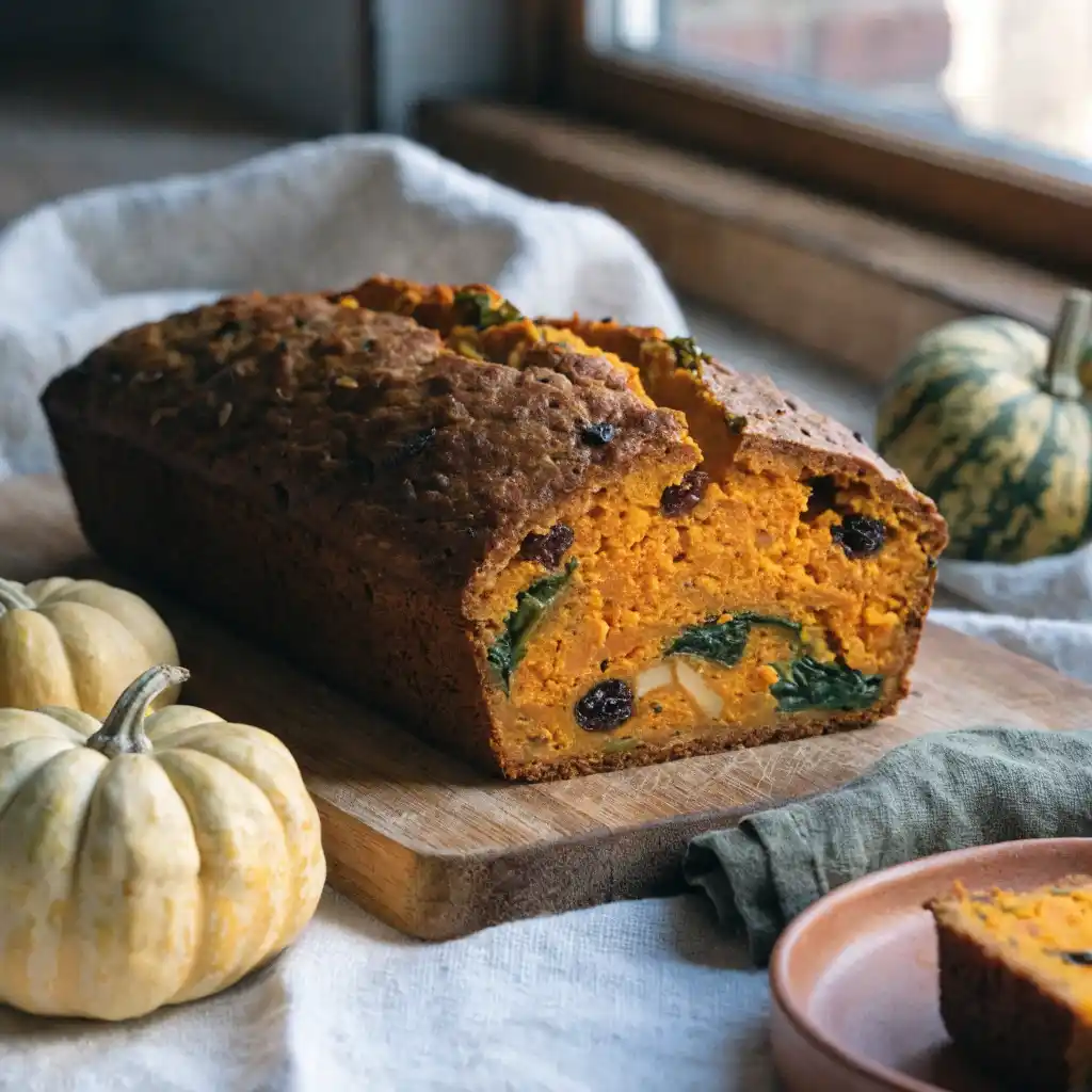 cake au potiron​ moelleux aux lardons fumés et au gruyère sur une planche en bois
