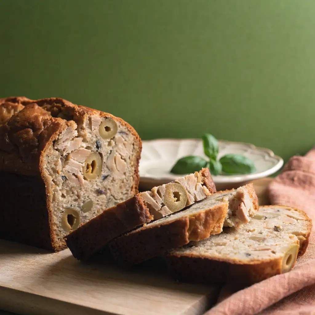 cake au thon et olives tranché sur une planche en bois, mie moelleuse visible