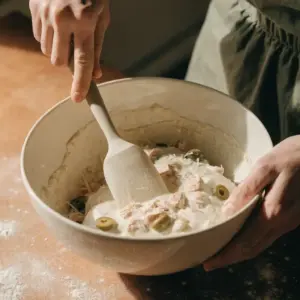 Thon émietté et olives incorporés à la spatule dans la pâte du cake salé