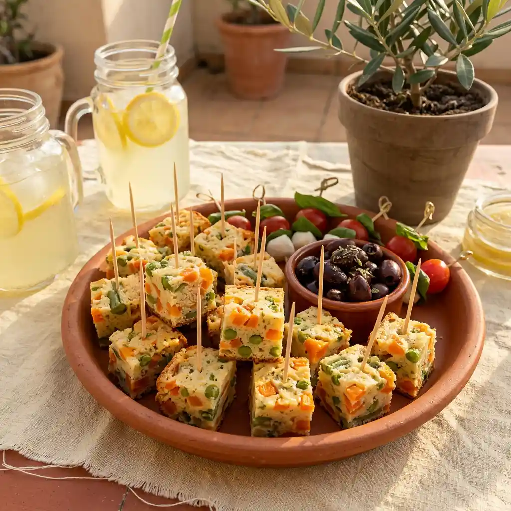 Cubes de cake aux légumes piqués de cure-dents servis avec des verres de citronnade
