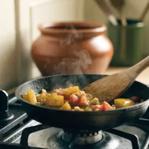 Poivrons, tomates et ail revenus au curry dans une poêle