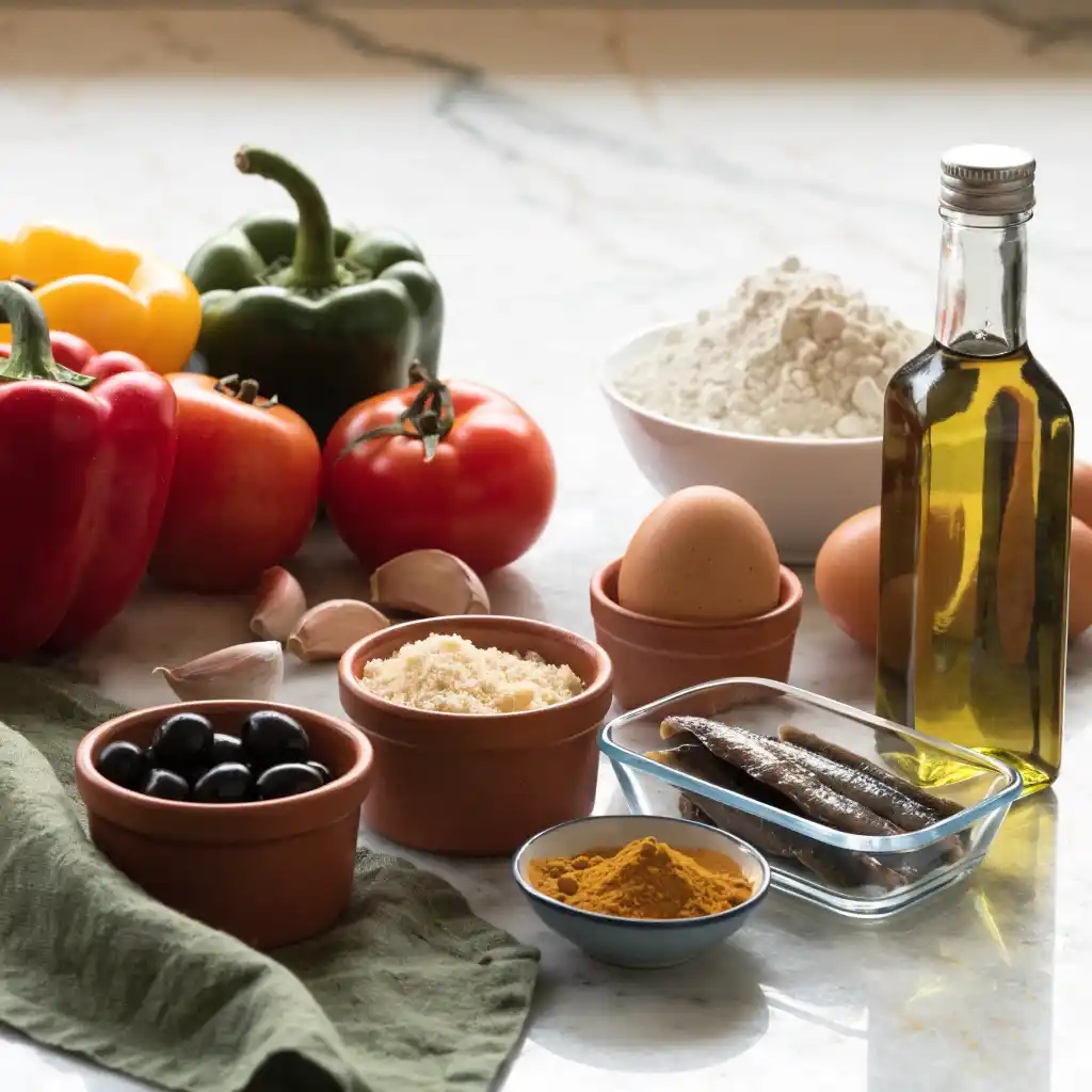 Poivrons, tomates, ail, olives noires, anchois, œufs, farine et fromage râpé sur un plan de travail