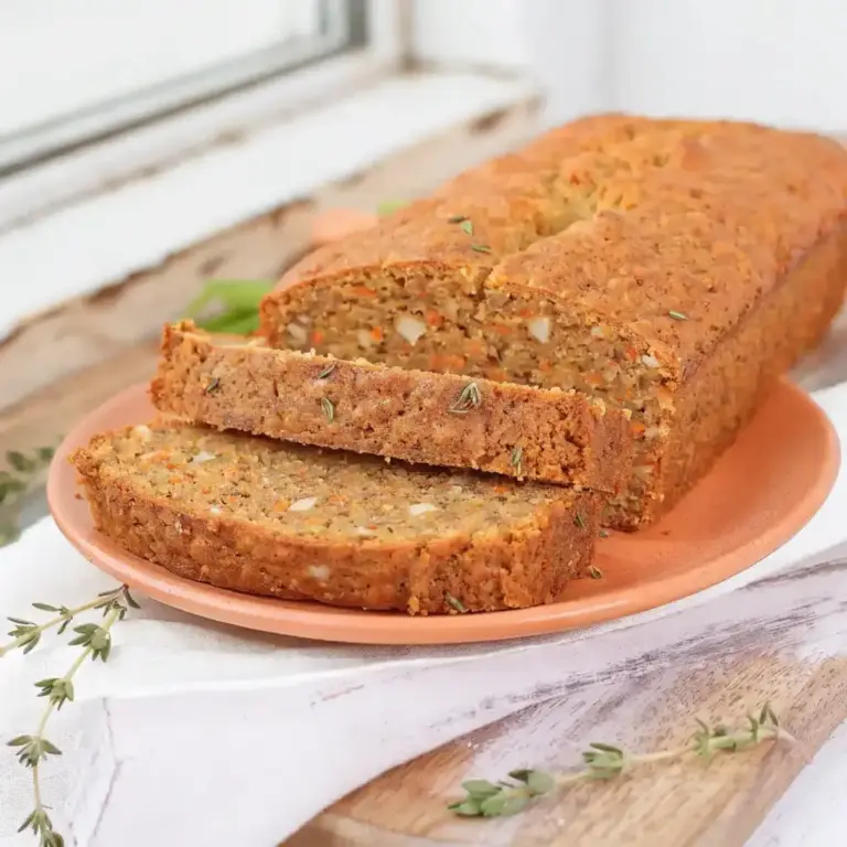 cake salé aux carottes doré, tranché sur une planche en bois