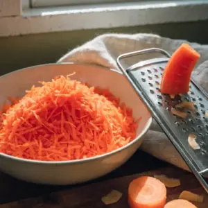 Carottes râpées finement dans un saladier pour la pâte du cake