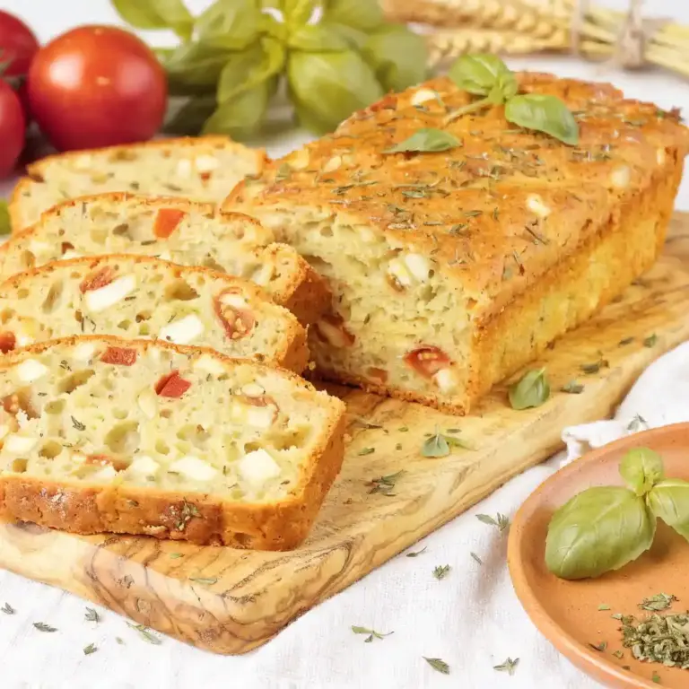 cake tomate mozzarella tranché sur une planche en bois avec du basilic frais