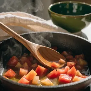 Tomates en cubes qui compotent dans une poêle avec de l'huile d'olive