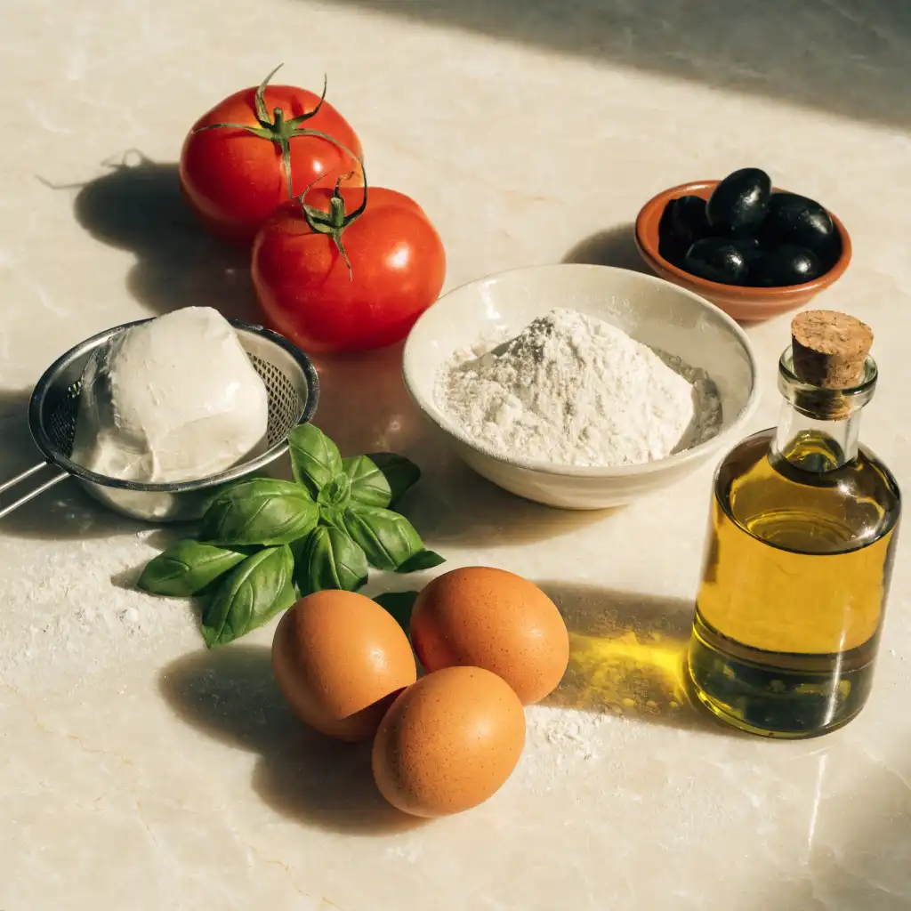 Ingrédients du cake tomate mozzarella : tomates, mozzarella, basilic, farine, œufs et olives noires
