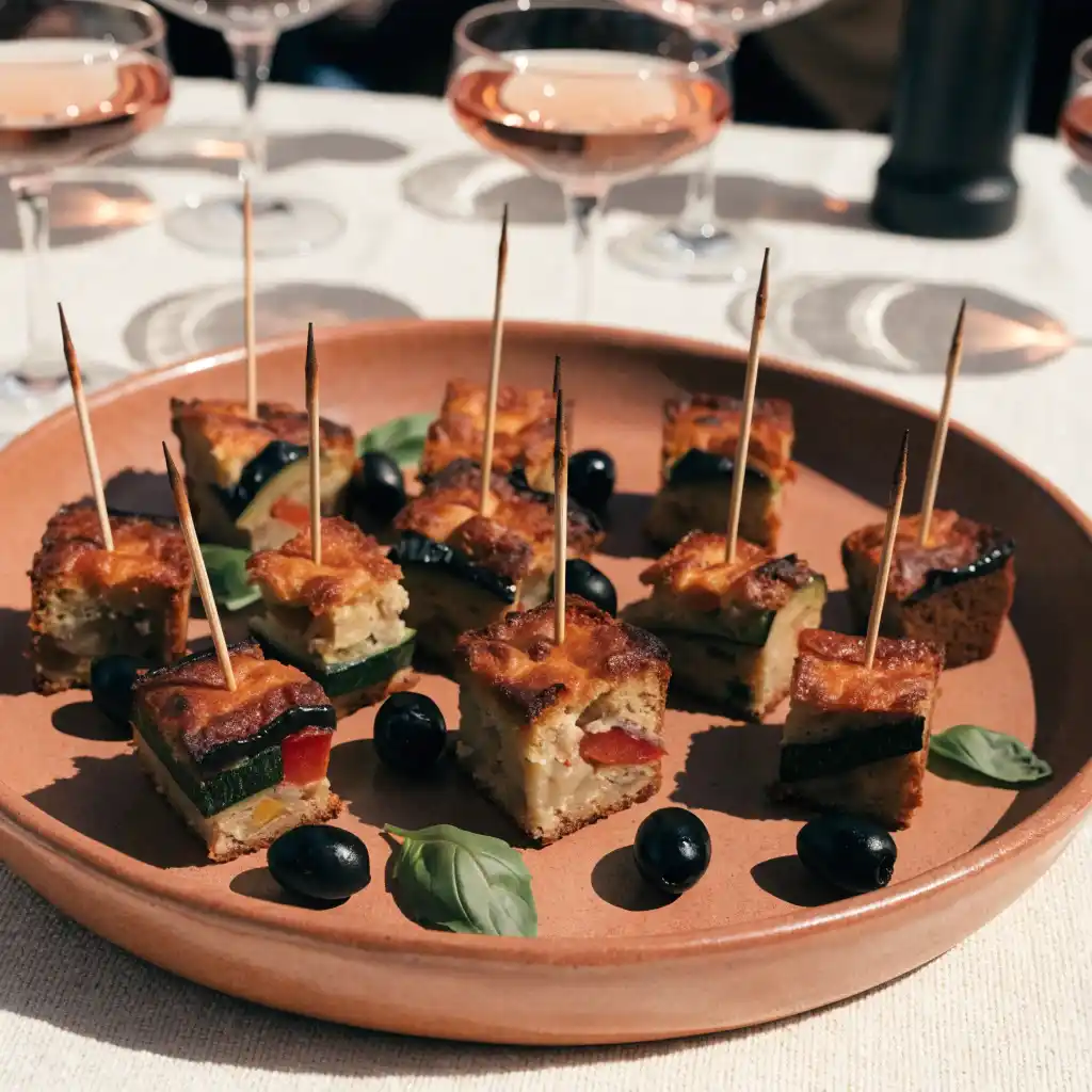 Cake à la ratatouille coupé en cubes avec cure-dents, servi sur un plateau apéritif avec olives