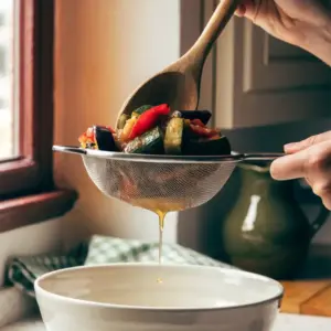 Ratatouille égouttée dans une passoire fine, première étape du cake à la ratatouille