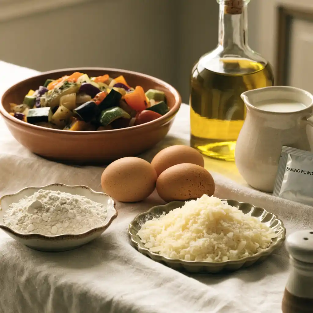 Ingrédients du cake à la ratatouille : ratatouille, œufs, farine, gruyère râpé, huile d’olive, lait et levure