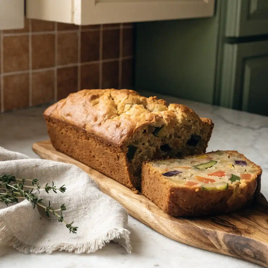 Cake à la ratatouille doré au gruyère, entier avec une tranche coupée montrant les légumes du Sud