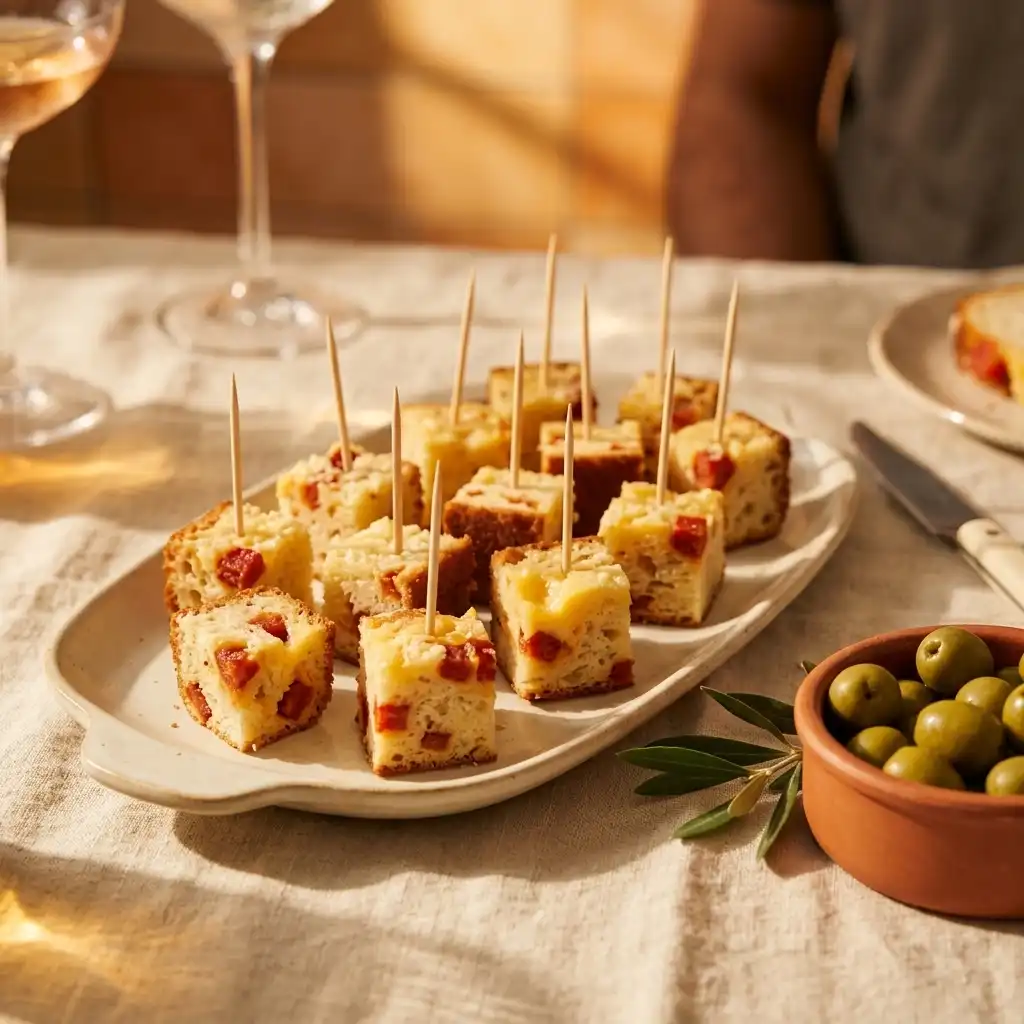 Cake au chorizo coupé en cubes piqués de cure-dents sur un plateau apéritif