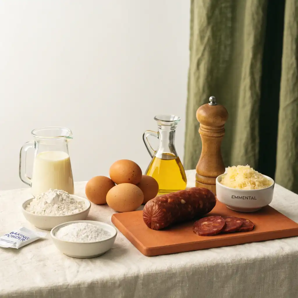 Ingrédients du cake au chorizo : chorizo, farine, Maïzena, œufs, lait, huile d'olive et fromage râpé