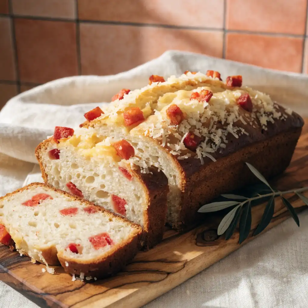 Cake au chorizo doré et tranché sur une planche en bois, mie moelleuse parsemée de dés de chorizo